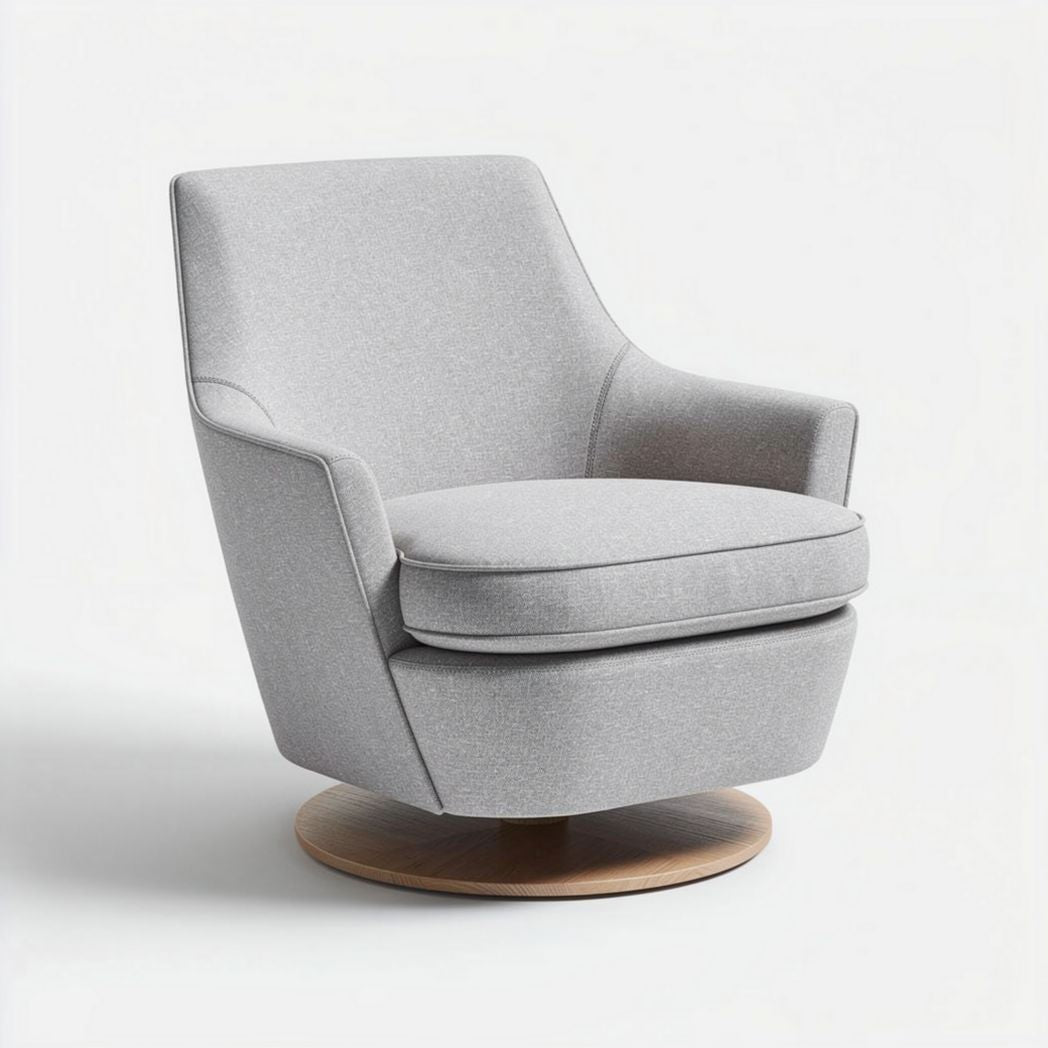 Sillón giratorio tapizado en tela gris con base de madera 75 x 75 x 90cm