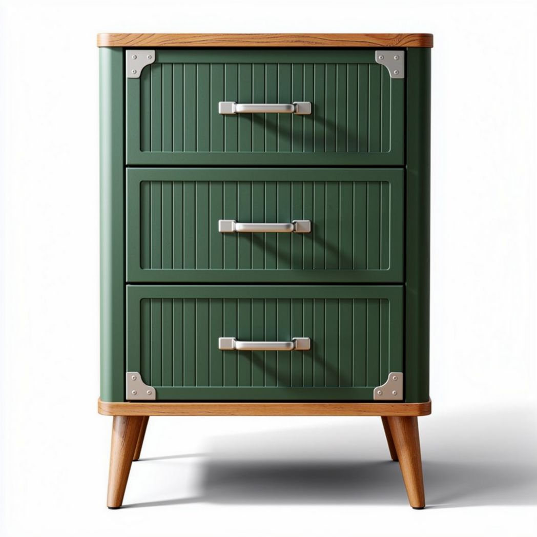 Mesita de noche verde con tres cajones de metal y patas de madera 40 x 30 x 60cm