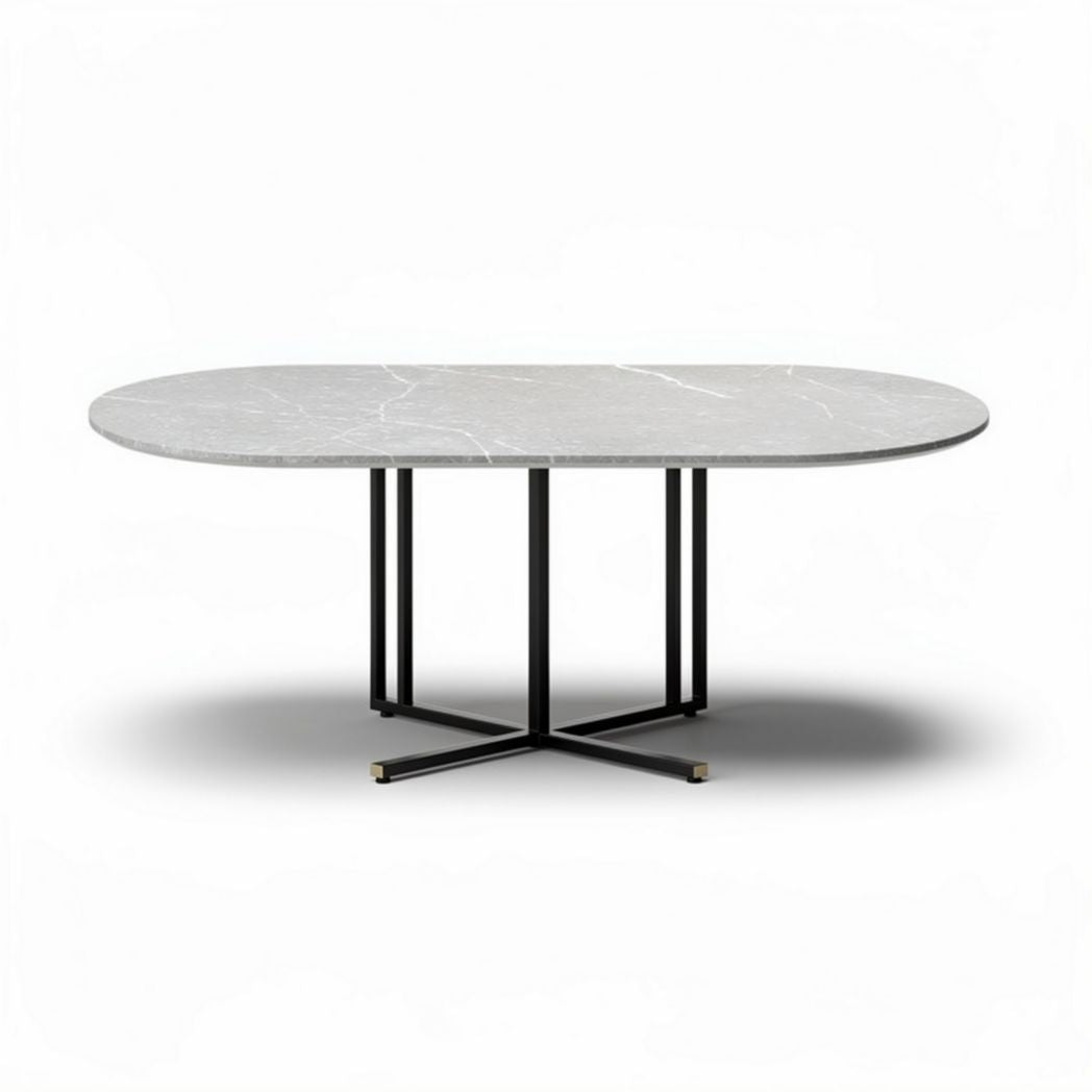 Mesa ovalada de mármol gris con base metálica negra 200 x 100 x 75cm