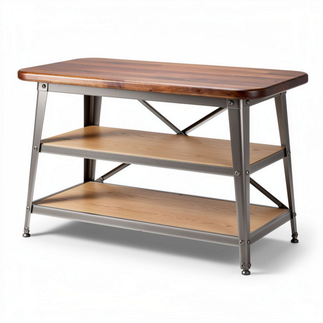 Mesa de oficina de madera natural y metal con estantes 120 x 60 x 75cm