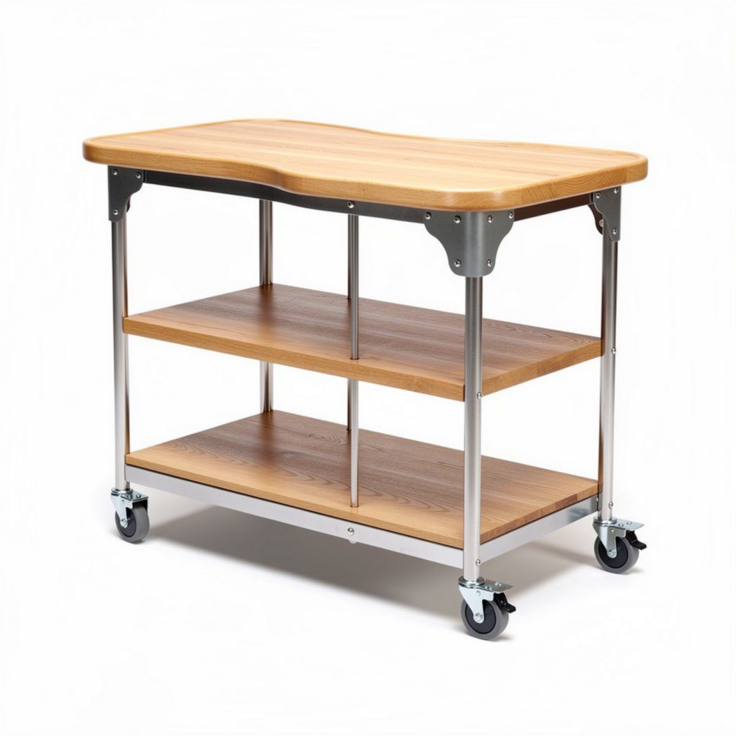 Carrito de cocina móvil de madera con estantes en acero inoxidable 90 x 60 x 90cm