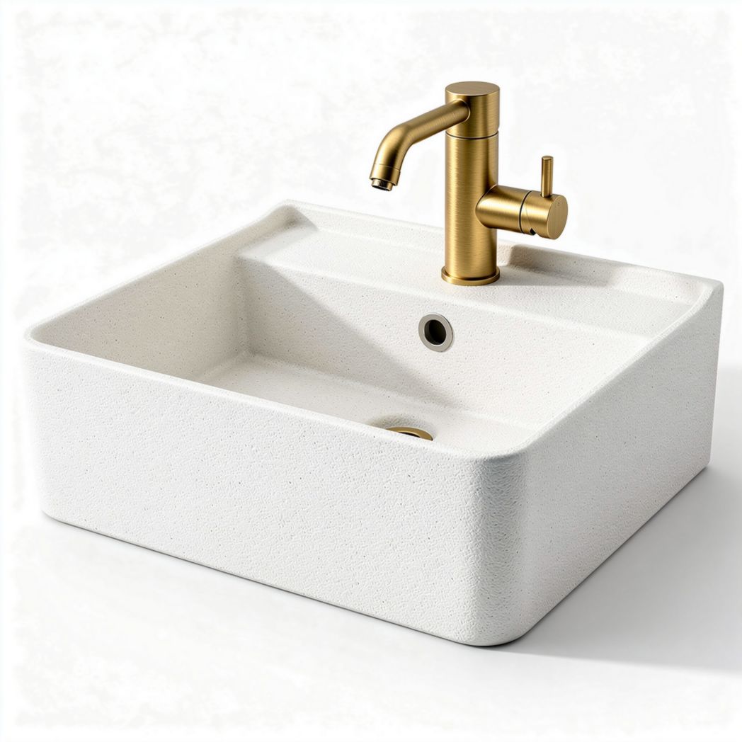 Lavabo de cerámica blanca con grifo dorado y dimensiones 50 x 40 x 15cm