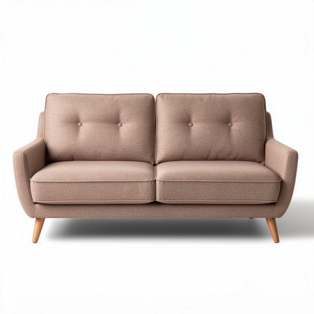 Sofá de dos plazas en tela beige con patas de madera 150 x 80 x 75cm